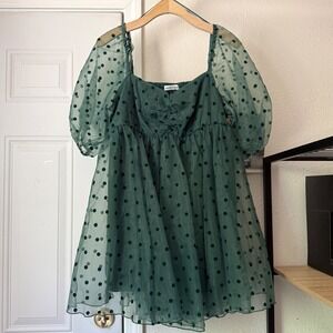 VADA WINTER forest green organza sheer polka dot babydoll puff sleeve mini dress